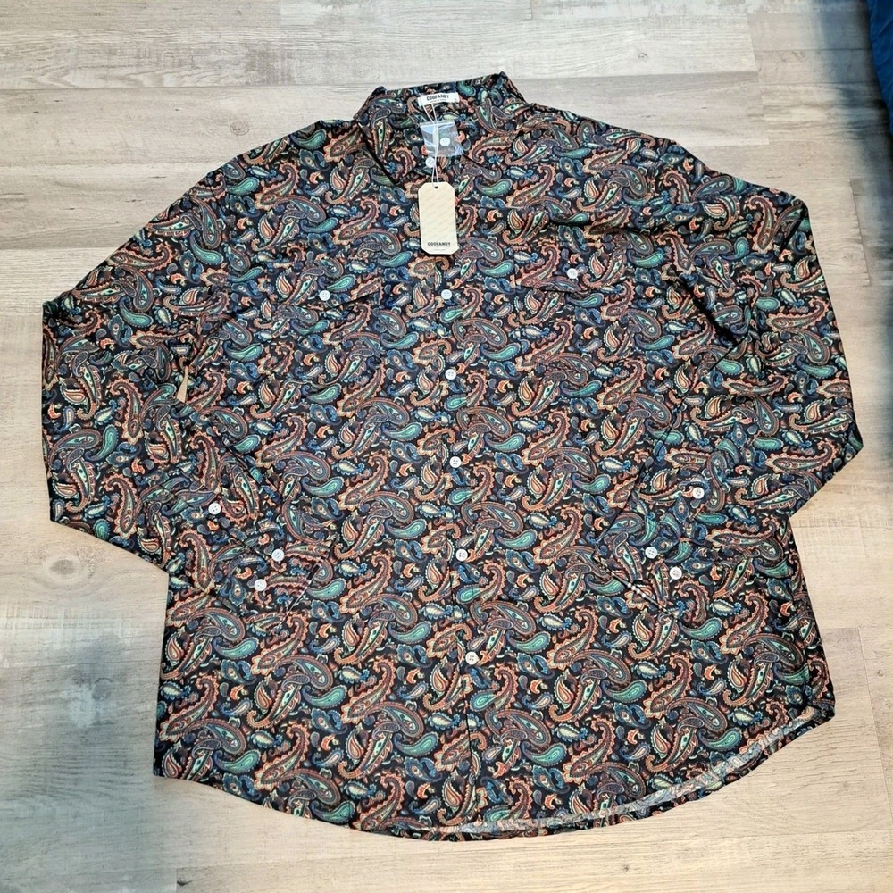 Coofandy Long Sleeve Button Up Paisley Shirt Mens XL Black NWT